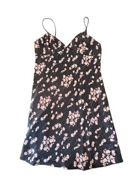 Floral Slip Dress Black Pink Satin Mini Dress Y2K Cottagecore Spaghetti Strap